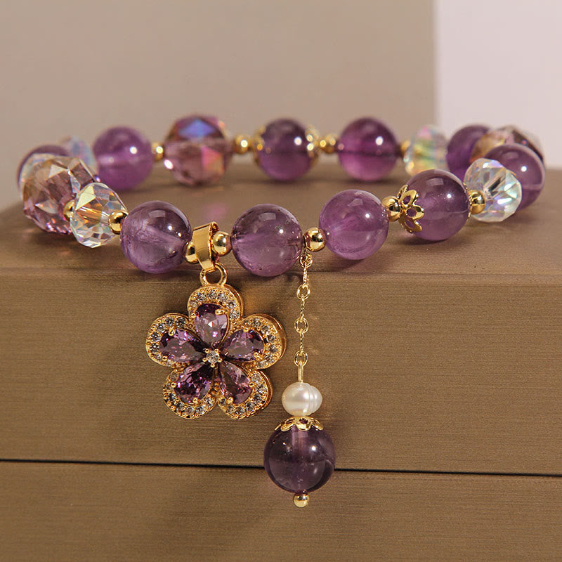 Bracelet de transformation positive avec breloque en forme de fleur et perle d'améthyste naturelle