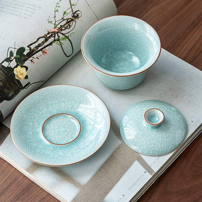 Tasse à thé et soucoupe en céramique avec couvercle en forme de Buddha Stones, style rétro, vert glacé, Gaiwan, Sancai