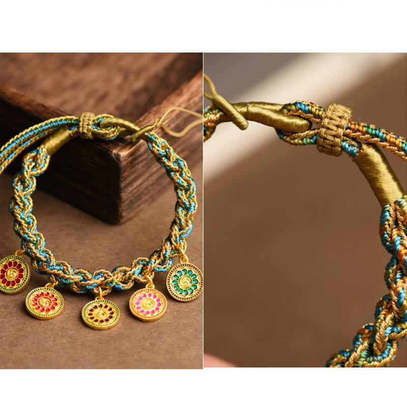 Bracelet en corde tressée fait main avec Buddha Stones tibétaines représentant les cinq dieux de la richesse et de la chance