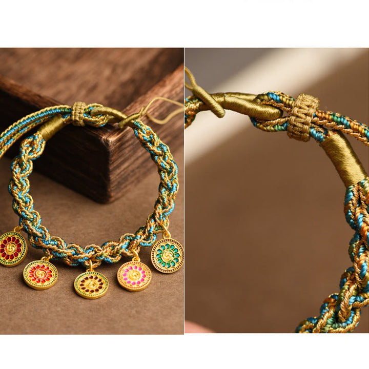 Bracelet en corde tressée fait main avec Buddha Stones tibétaines représentant les cinq dieux de la richesse et de la chance