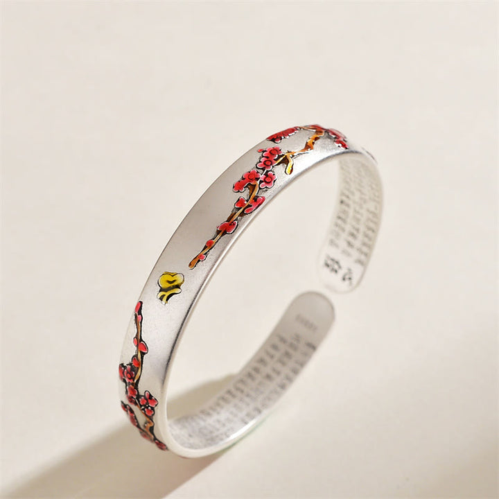 Bracelet manchette de guérison avec Buddha Stones , fleur de prunier, chrysanthème, motif de cœur Sutra