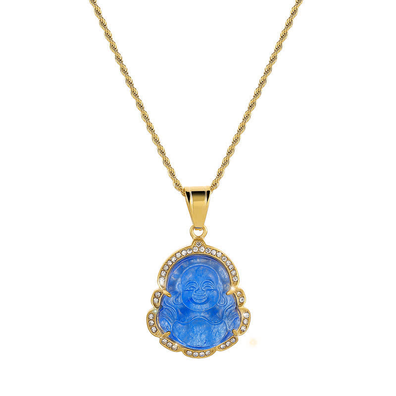 Collier avec pendentif porte-bonheur en jade Bouddha rieur rempli d'or 18 carats de Buddha Stones - Bleu - image 15