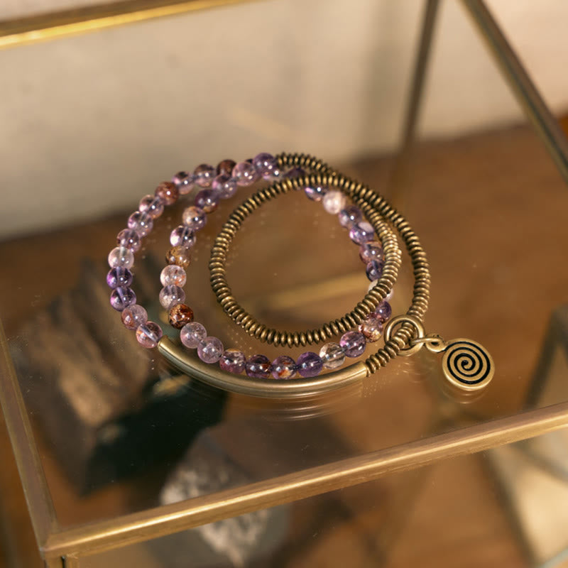 Bracelet en cuivre Love Forgive Buddha Stones quartz hématoïde rouge fantôme violet et quartz rutile vert