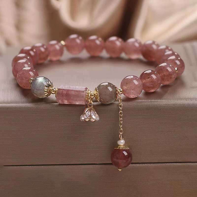 Bracelet à breloques positives en forme de fleur de zircon et de quartz fraise naturel de Buddha Stones - Quartz fraise (Amour ♥ Guérison) (Tour de poignet 15-17 cm) - image 0