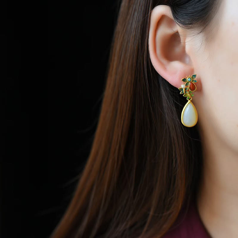 Boucles d'oreilles pendantes en forme de goutte d'eau Buddha Stones, jade blanc, agate rouge, papillon, protection