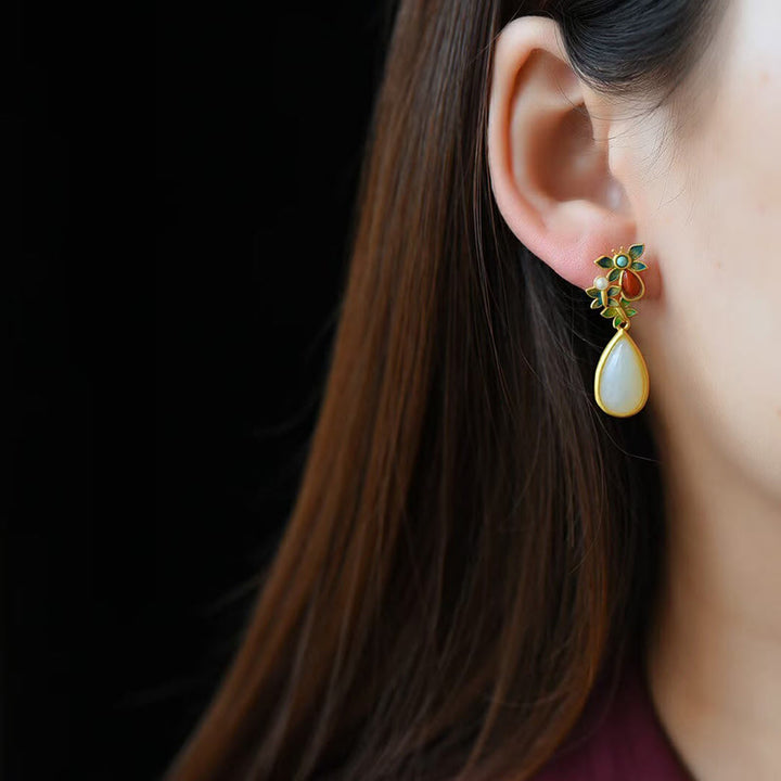 Boucles d'oreilles pendantes en forme de goutte d'eau Buddha Stones, jade blanc, agate rouge, papillon, protection