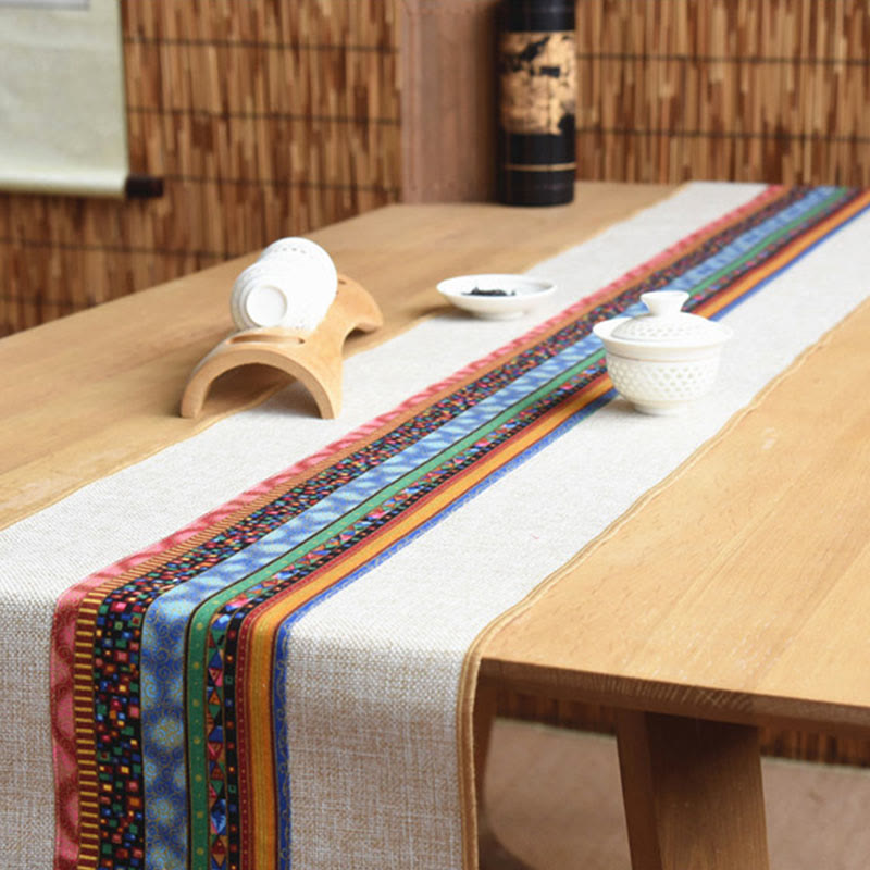 Chemin de table en coton et lin avec pompons, Buddha Stones, style chinois classique, lotus, poisson koï, fleur, grue, calligraphie, illumination