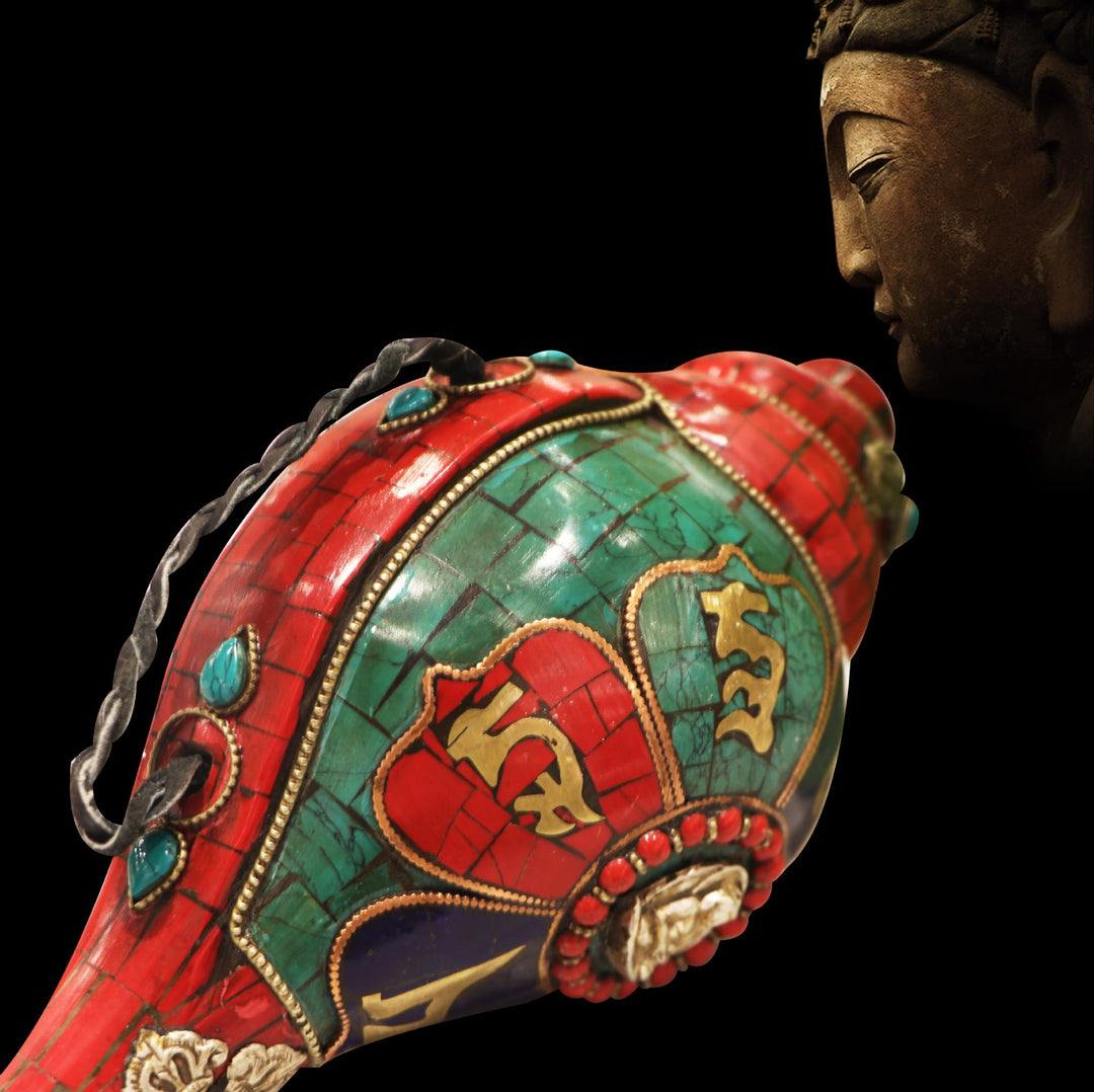 Décoration porte-bonheur tibétaine faite à la main, Shankha Om Mani Padme Hum, coquille de conque de bouddha - image 3
