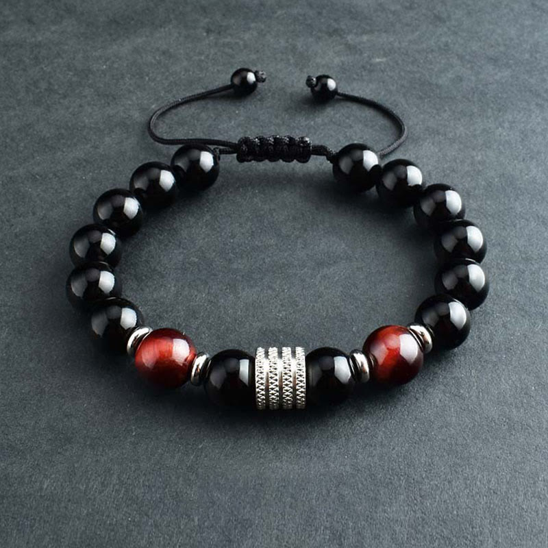 Bracelet de force et d'accomplissement en obsidienne noire naturelle œil de tigre Buddha Stones - Obsidienne noire et œil de tigre rouge - Cordon tressé (Tour de poignet : 17-18 cm) - image 11