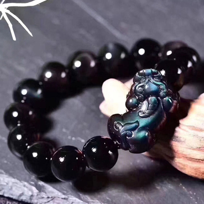Bracelet porte-bonheur FengShui PiXiu en obsidienne arc-en-ciel avec Buddha Stones