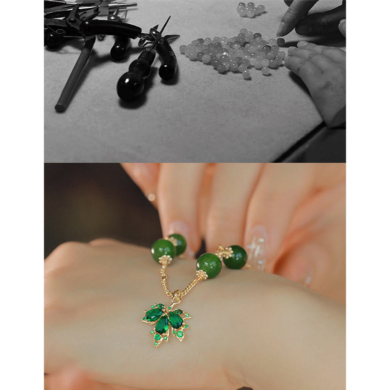 Bracelet en calcédoine verte plaqué or 14 carats avec feuille d'érable et courage de Buddha Stones