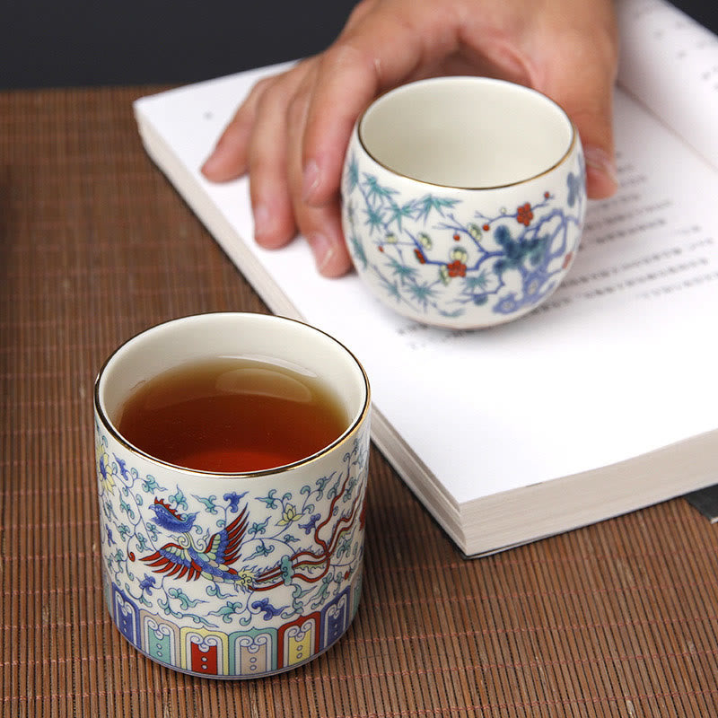Buddha Stones Vintage Fleur de Prunier Pin Bambou Phénix Kirin Lion Dansant Tasse à Thé en Céramique Tasses à Thé
