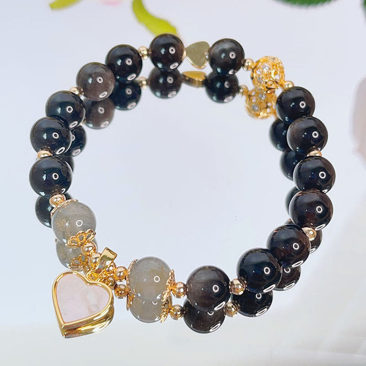 Bracelet de protection en obsidienne naturelle argentée avec Buddha Stones , cœur, étoile, fleur