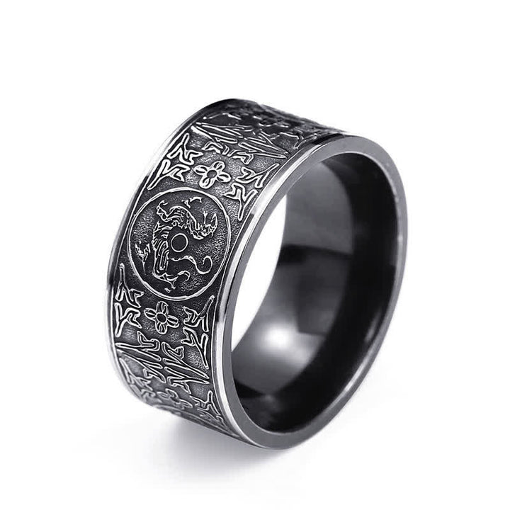 Bague porte-bonheur sculptée en basalte de Suzaku avec quatre Buddha Stones, dragon, bête gardienne, tigre blanc