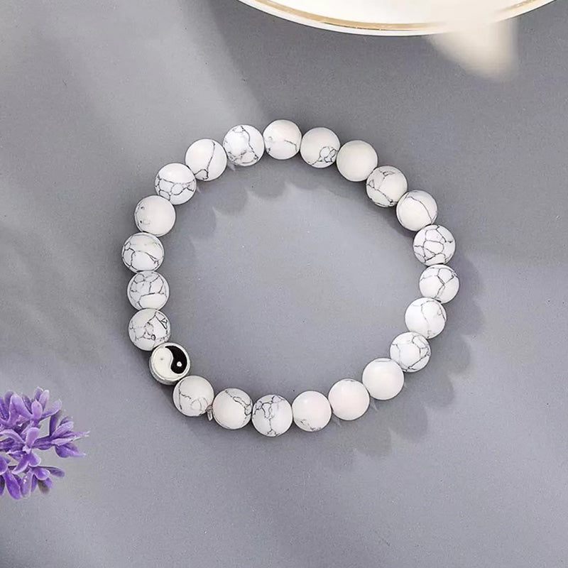 Bracelet de richesse Yin Yang en perles de pierre givrée turquoise blanche naturelle de 3 pièces Buddha Stones