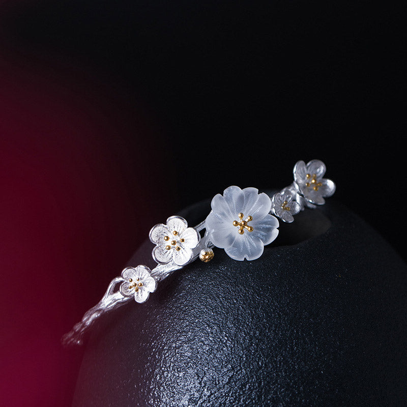 Bracelet réglable en argent sterling 925 Buddha Stones et fleur de prunier