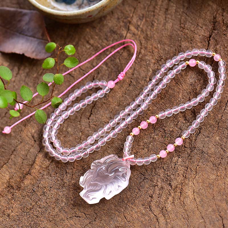 Collier pendentif renard à neuf queues en cristal rose naturel Buddha Stones
