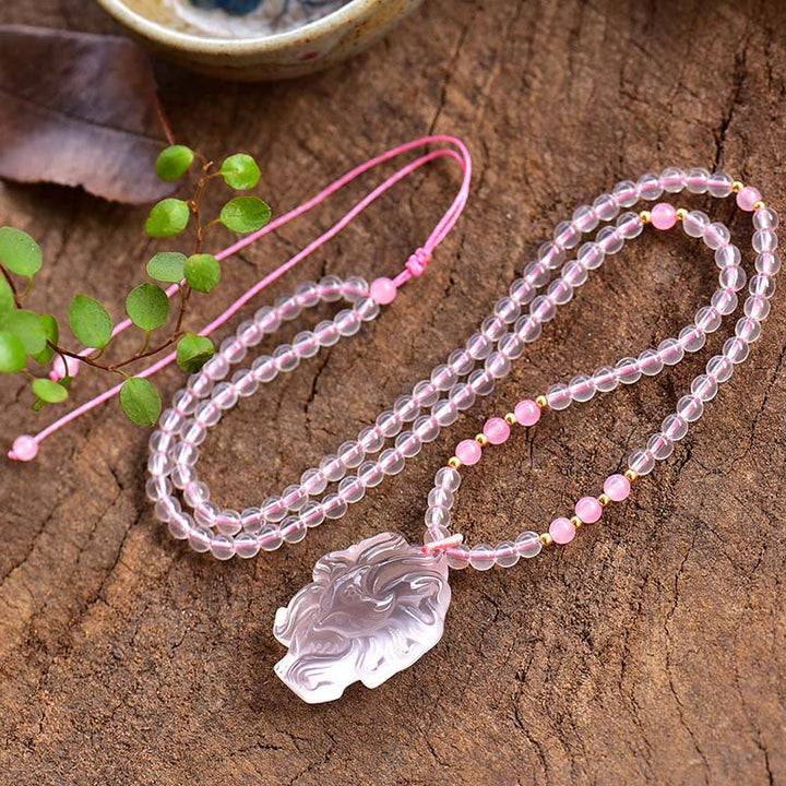 Collier pendentif renard à neuf queues en cristal rose naturel Buddha Stones