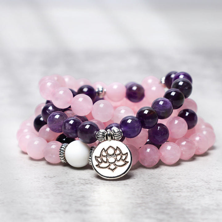Bracelet Mala en perles de quartz rose et améthyste naturelles avec pendentif lotus Buddha Stones