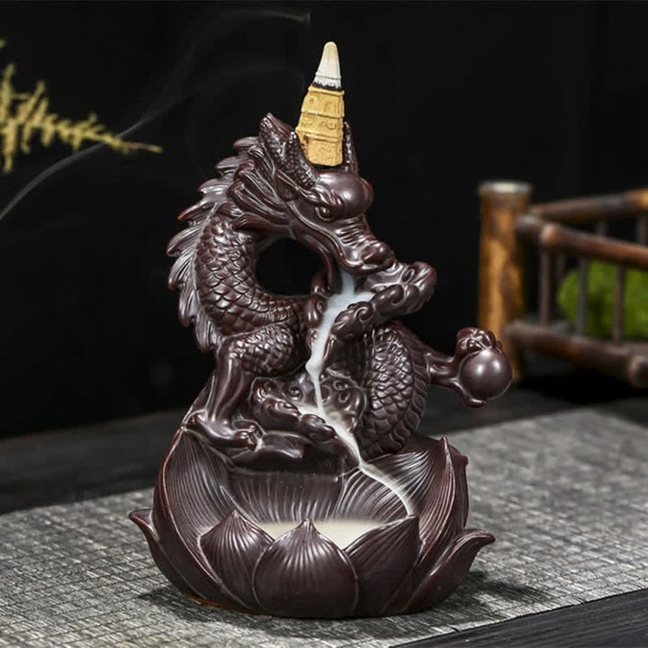 Brûleur d'encens en céramique à motif de dragon et de lotus