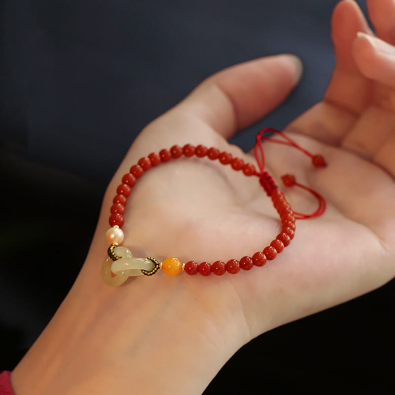 Bracelet de confiance à double boucle de paix en agate rouge naturelle et jade Hetian de Buddha Stones