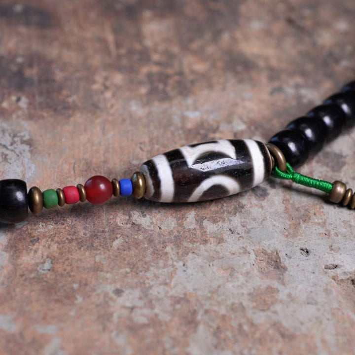 Buddha Stones Mala 108 perles en bois d'ébène et perles Dzi en cuivre avec pampilles et équilibre
