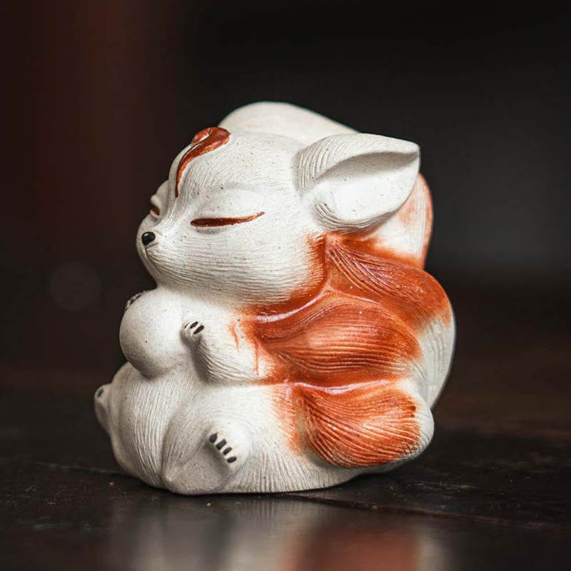 Mini renard à neuf queues en argile violette, décoration de bureau porte-bonheur en Buddha Stones