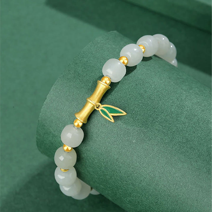 Bracelet porte-bonheur en argent sterling 925 et jade blanc Hetian en bambou Buddha Stones