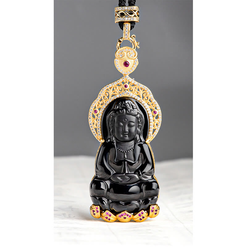 Collier pendentif en jade noir naturel Kwan Yin Avalokitesvara, symbole de richesse, avec chaîne en acier titane et Buddha Stones. - image 7