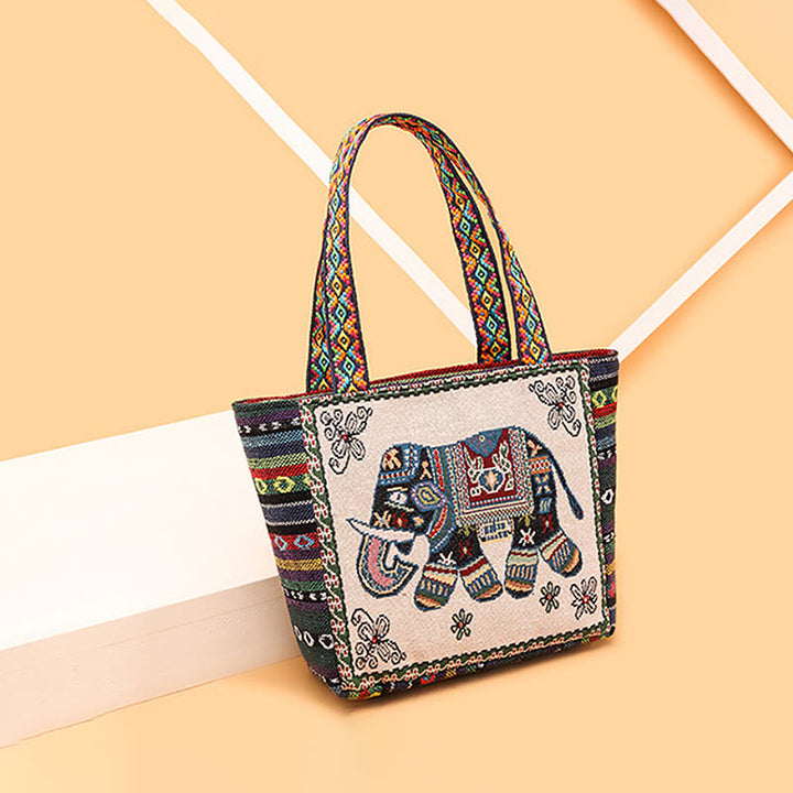 Sac fourre-tout en toile brodé de grande capacité avec Buddha Stones, éléphant et papillon
