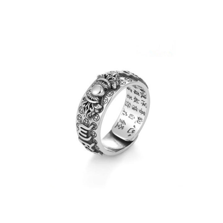 Bague de richesse tibétaine en argent sterling 990 Buddha Stones Om Mani Padme Hum PiXiu Dorje Vajra Heart Sutra gravé
