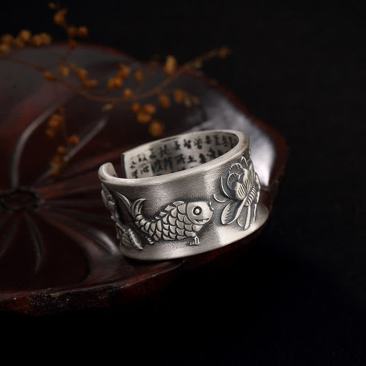 Bague porte-bonheur en argent sterling 999 Buddha Stones et poisson Koi, lotus, cœur, Sutra de la richesse