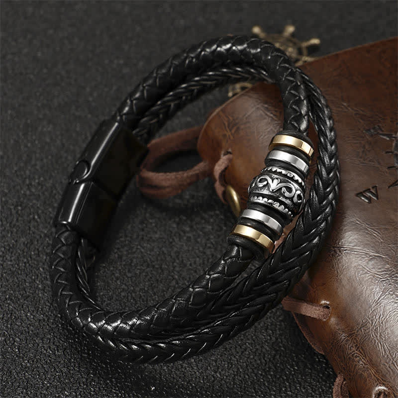 Bracelet tressé en acier titane et cuir avec Buddha Stones