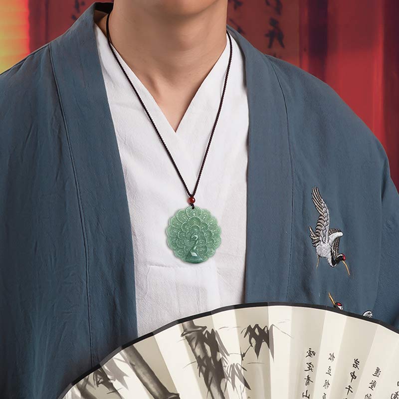 Collier pendentif en jade naturel avec paon porte-bonheur et prospérité