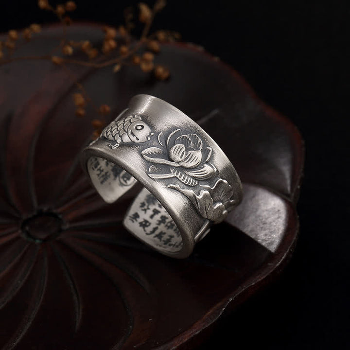 Bague porte-bonheur en argent sterling 999 Buddha Stones et poisson Koi, lotus, cœur, Sutra de la richesse
