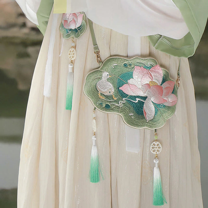 Sac à bandoulière avec broderie de Buddha Stones et de Lotus, poisson Koi, lapin, fleur, Hanfu - image 10