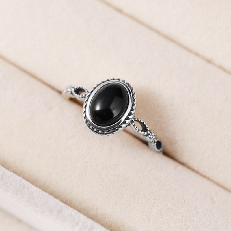 Buddha Stones Bague de fortune en argent Sterling 925 Onyx noir