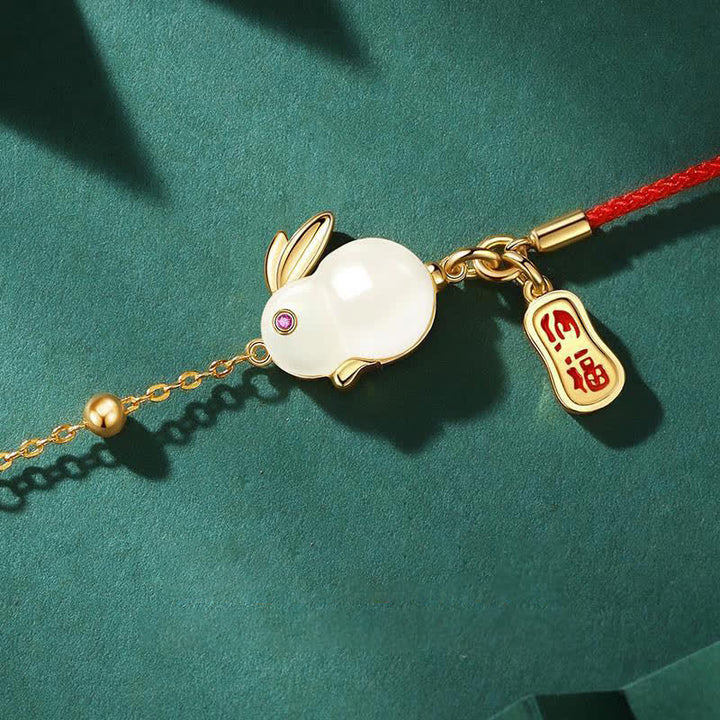Bracelet en chaîne rouge en jade blanc et pierres de Buddha Stones Année du lapin