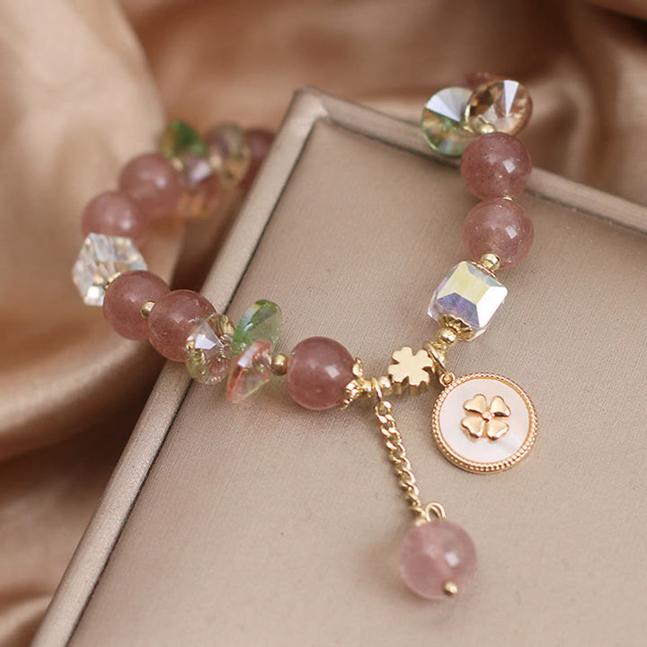 Bracelet porte-bonheur en quartz fraise et trèfle à quatre feuilles avec breloque de guérison et Buddha Stones