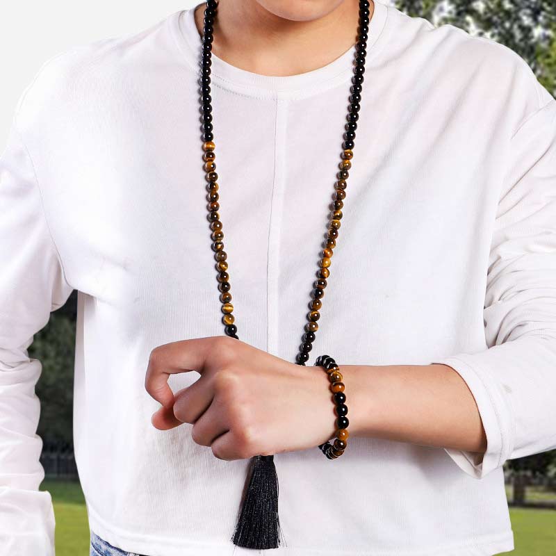 Ensemble Mala avec collier de protection en onyx noir Buddha Stones et œil de tigre