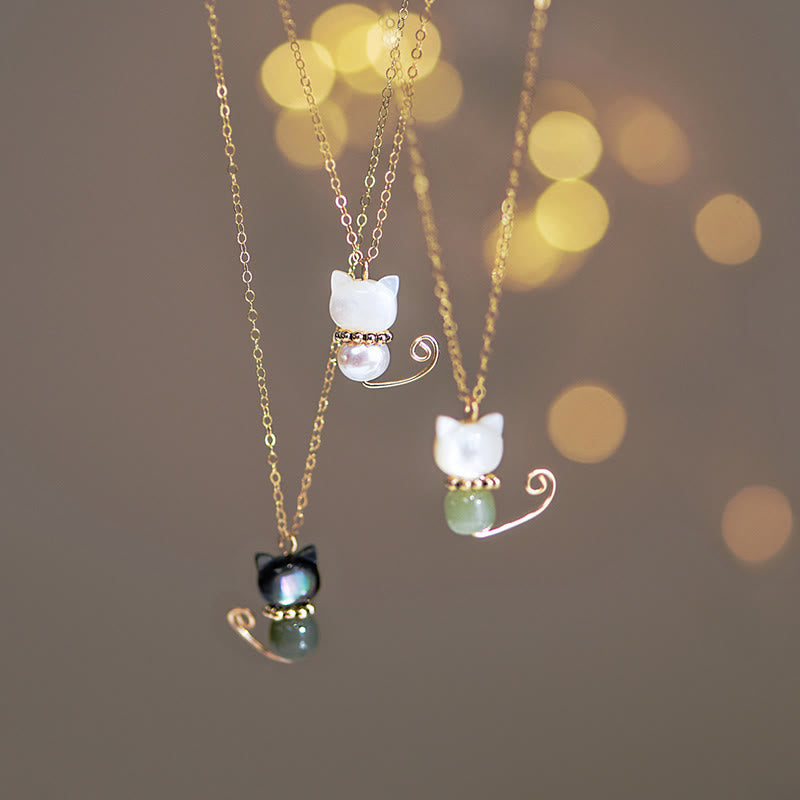 Collier avec pendentif en forme de chat porte-bonheur en jade Hetian plaqué or 14 carats avec Buddha Stones - image 1