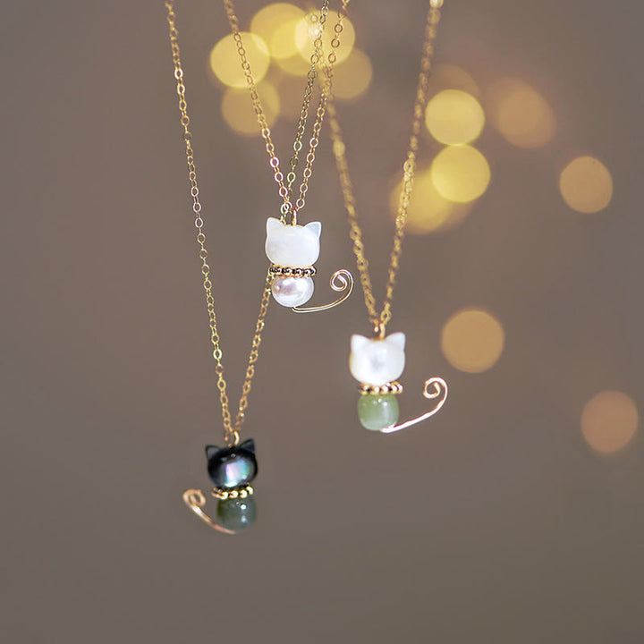 Collier avec pendentif en forme de chat porte-bonheur en jade Hetian plaqué or 14 carats avec Buddha Stones - image 1