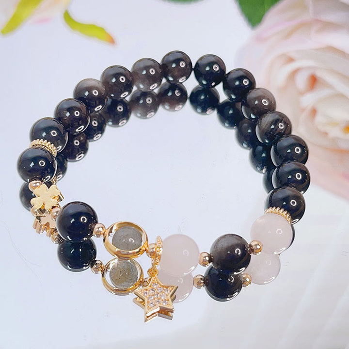 Bracelet de protection en obsidienne naturelle argentée avec Buddha Stones , cœur, étoile, fleur