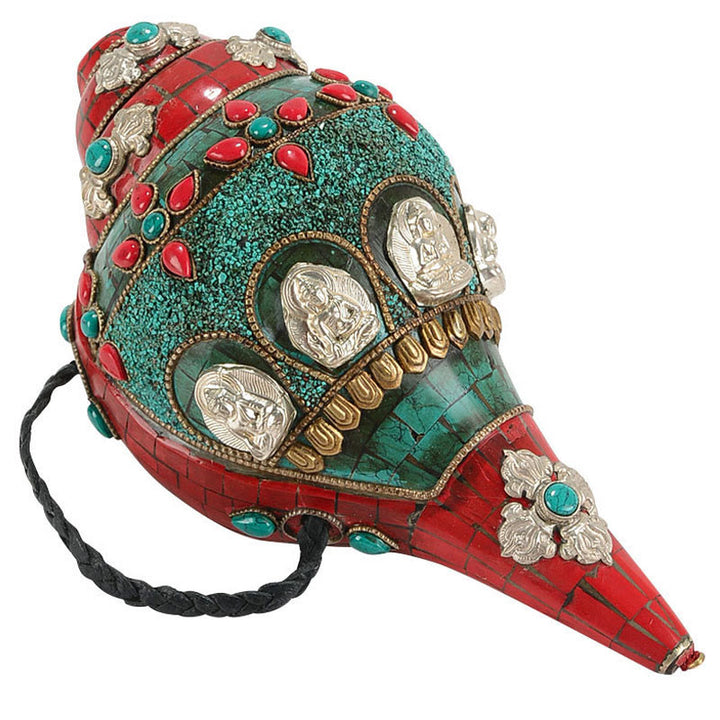 Tibétain fait à la main Shankha Om Mani Padme Hum bouddha Avalokitesvara coquille de conque Turquoise décoration positive - image 15