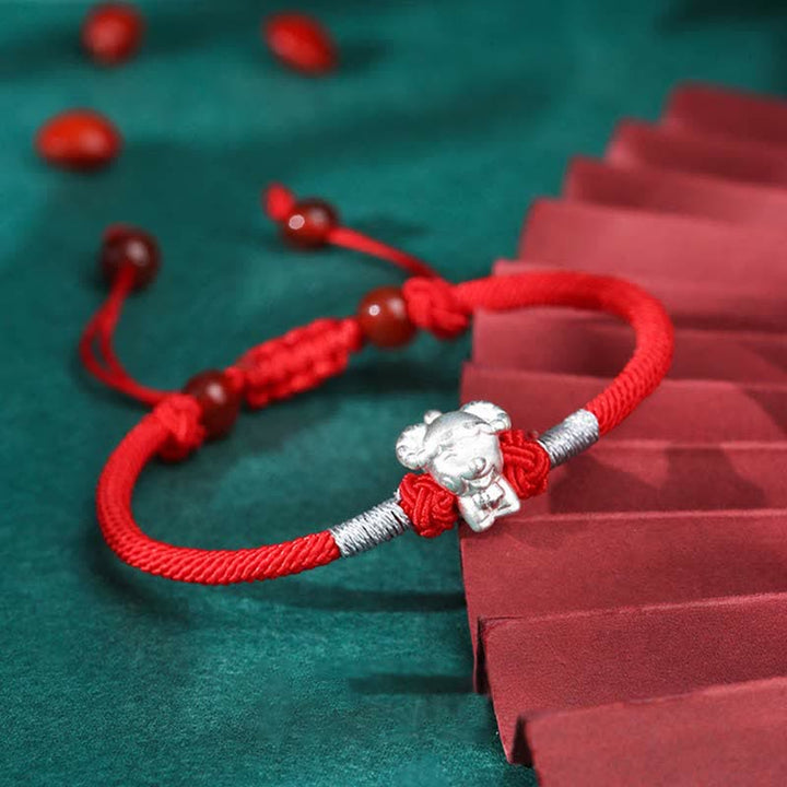 Bracelet en argent sterling 999 avec Buddha Stones et signe du zodiaque chinois, cordon rouge, force et chance