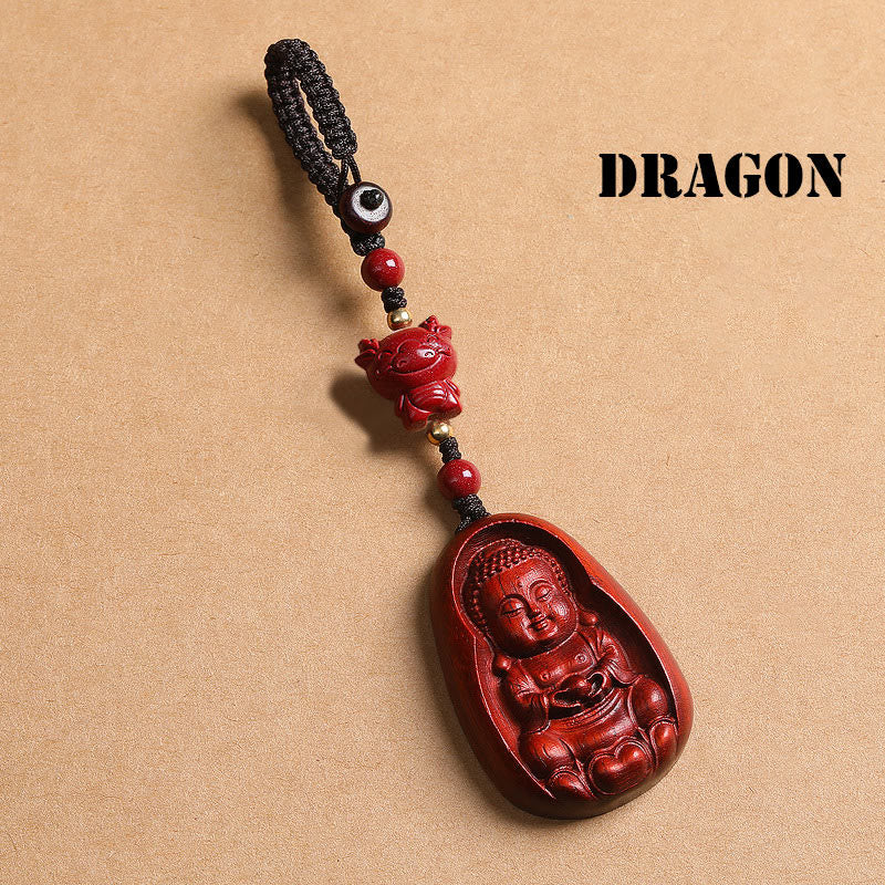 Porte-clés de protection en Buddha Stones en bois de santal rouge à petites feuilles, amulette du zodiaque chinois en cinabre