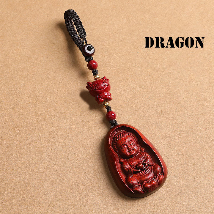 Porte-clés de protection en Buddha Stones en bois de santal rouge à petites feuilles, amulette du zodiaque chinois en cinabre
