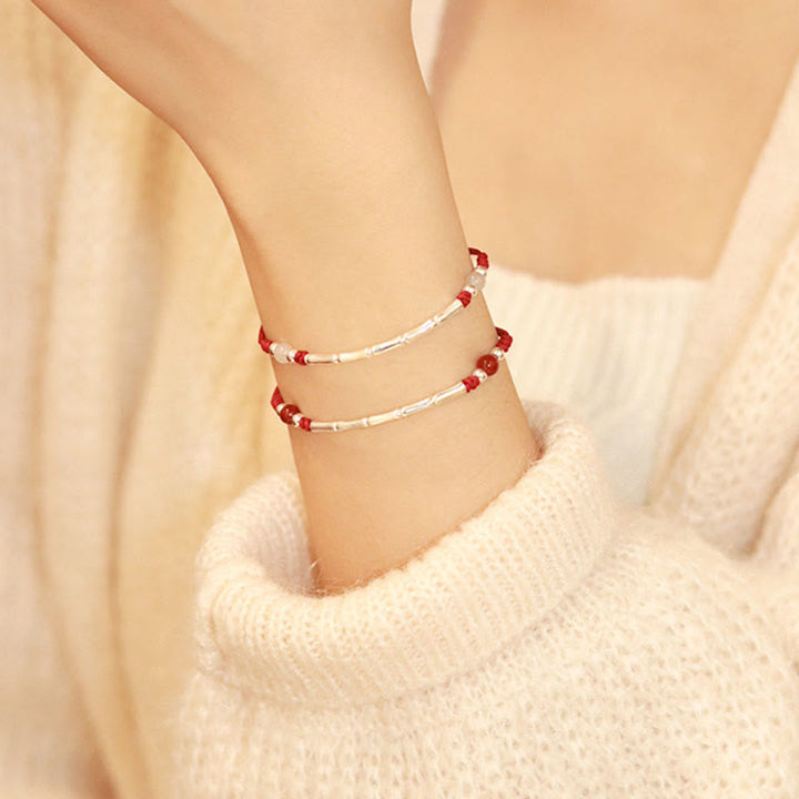 Bracelet tressé en argent sterling 925 avec perles d'agate blanche et d'agate rouge en bambou et pierres de Buddha Stones