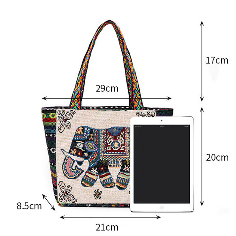 Sac fourre-tout en toile brodé de grande capacité avec Buddha Stones, éléphant et papillon