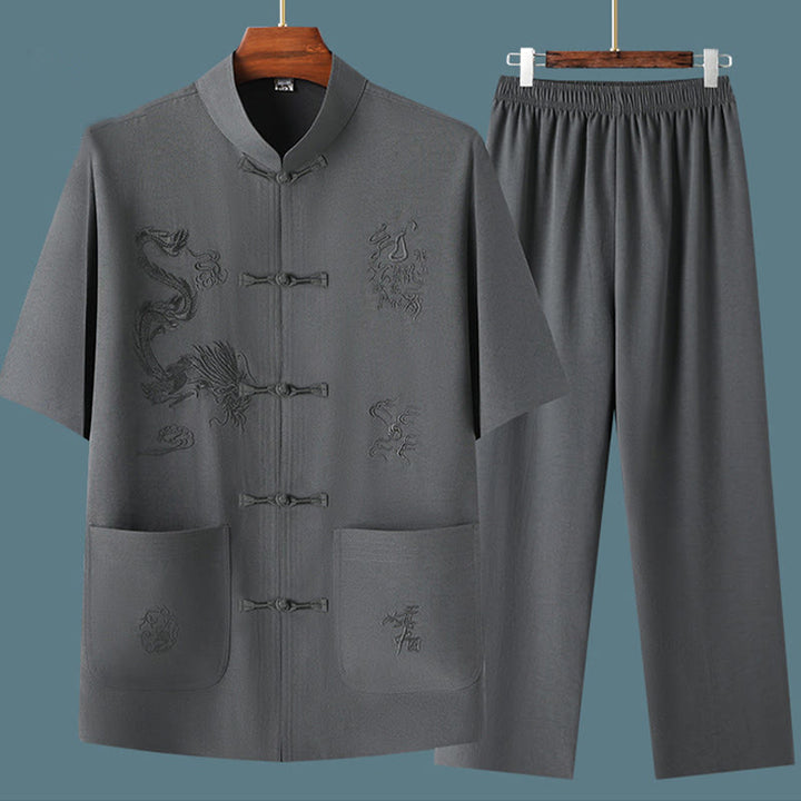 Costume Tang en Buddha Stones Hanfu Dragon chinois Uniforme de Kung Fu traditionnel Haut à manches courtes et pantalon Vêtements Ensemble pour hommes - image 15